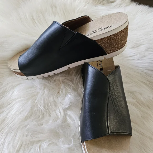 Josef Seibel Black Leather Slide Mule with Cork Wedge and White Outsole - Picture 8 of 12